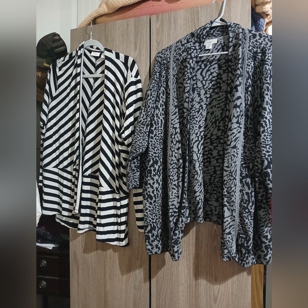 Striped Black & White Open-Front Women's Cardigan Sweater